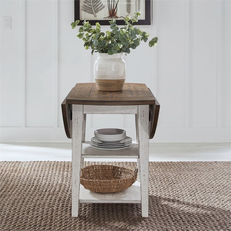 Pemberly Row Drop Leaf Table with Bottom Shelf in Graphite and Whitestone