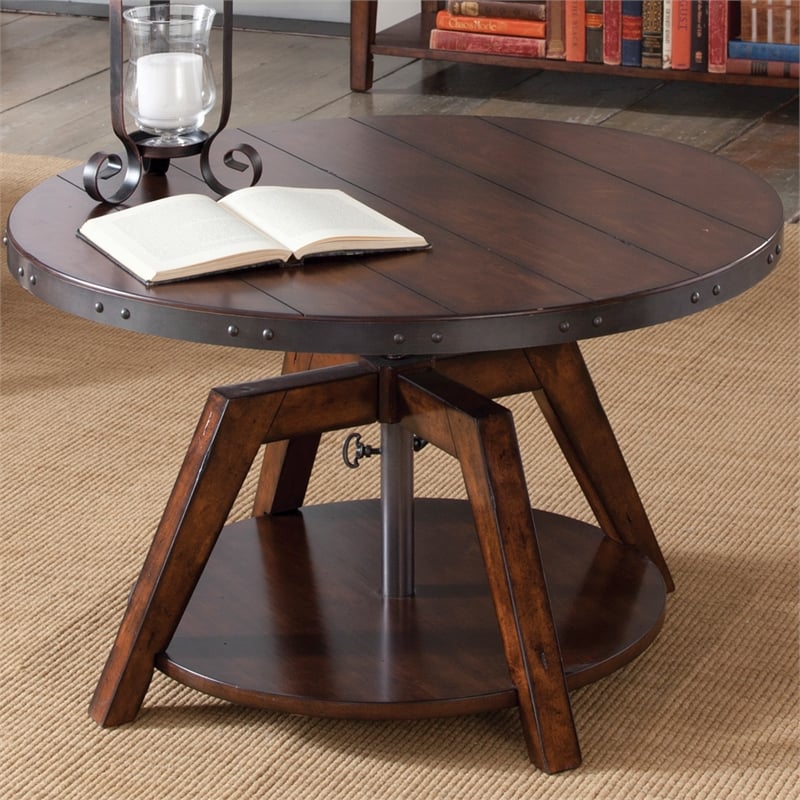 Pemberly Row Adjustable Height Motion Cocktail Table in Russet Brown Finish
