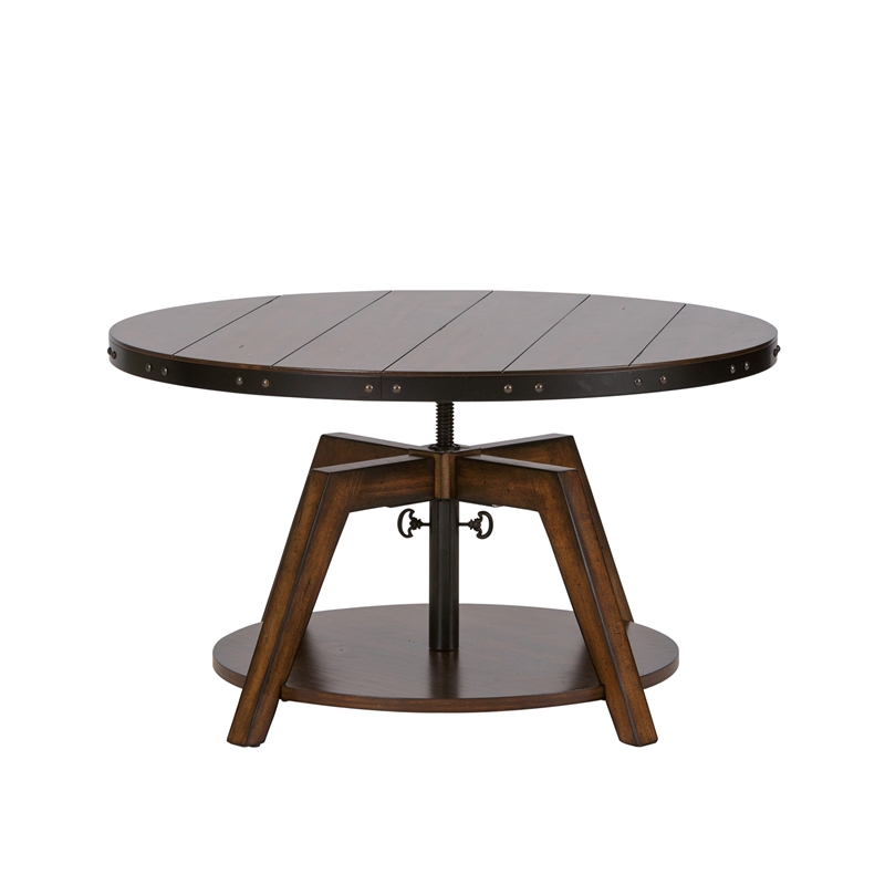 Pemberly Row Adjustable Height Motion Cocktail Table in Russet Brown Finish