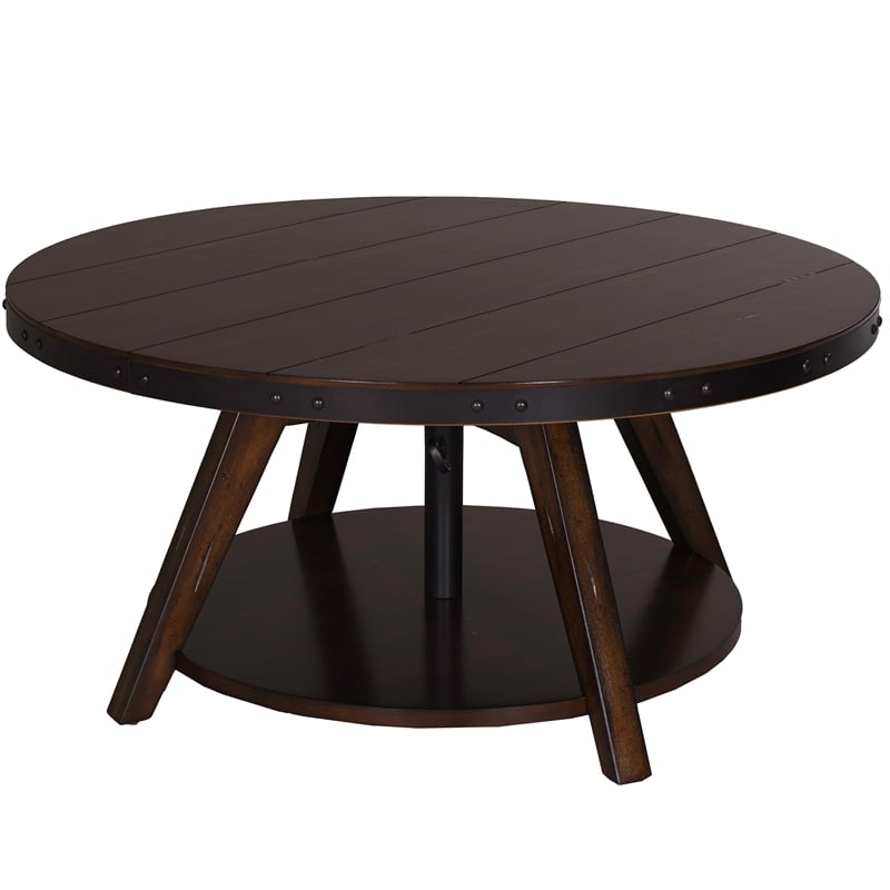 Pemberly Row Adjustable Height Motion Cocktail Table in Russet Brown Finish