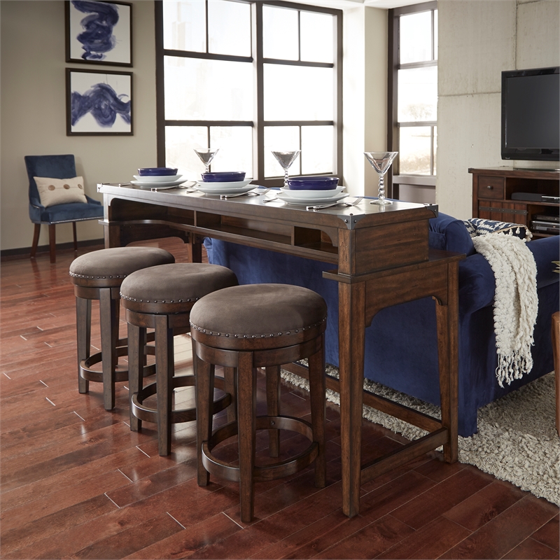 Pemberly Row 74 Inch Console Bar Table with 3 Swivel Stools in Brown