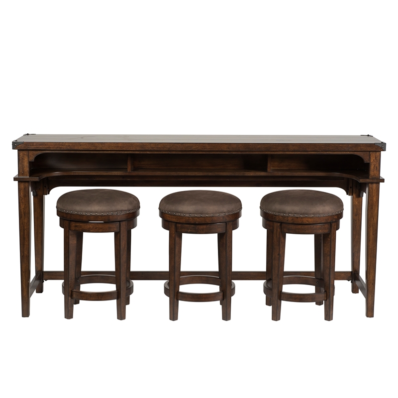Pemberly Row 74 Inch Console Bar Table with 3 Swivel Stools in Brown