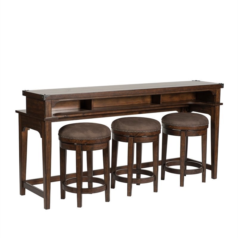 Pemberly Row 74 Inch Console Bar Table with 3 Swivel Stools in Brown