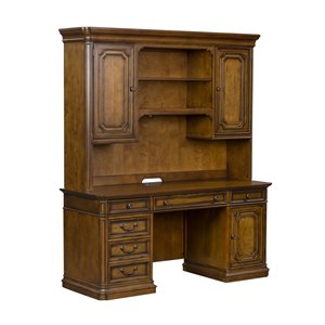 Pemberly Row Jr Executive Credenza and Hutch Set with Lighting in Toffee Brown