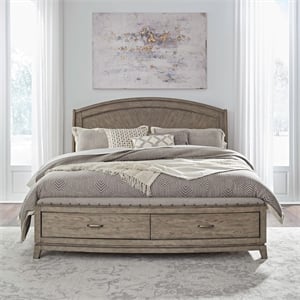 Pemberly Row Queen Panel Storage Bed with Padded Bench Seat in Burnished Beige