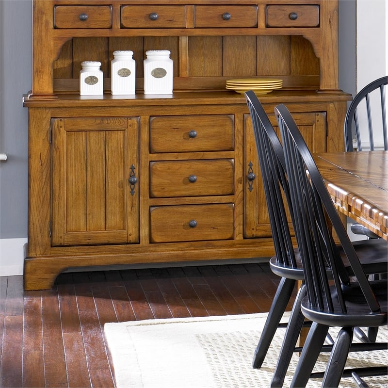 Pemberly Row 3 Drawer Buffet with Adjustable Shelves in Medium Brown