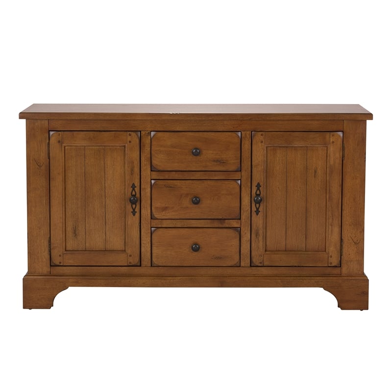 Pemberly Row 3 Drawer Buffet with Adjustable Shelves in Medium Brown