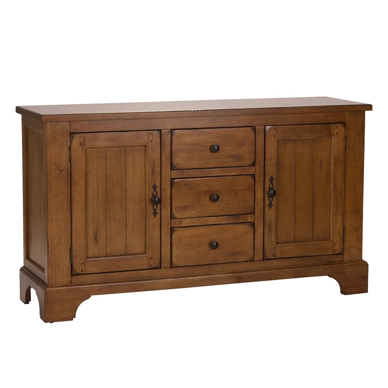 Pemberly Row 3 Drawer Buffet with Adjustable Shelves in Medium Brown