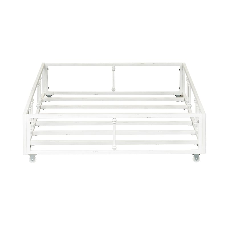 Pemberly Row Twin Trundle Bed in Antique White Metal with Casters