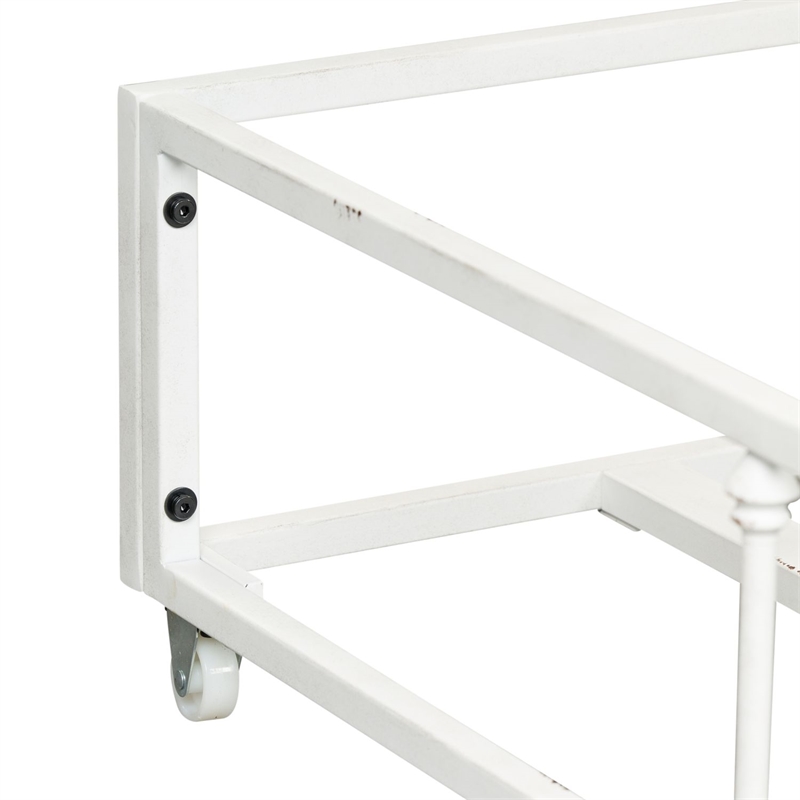 Pemberly Row Twin Trundle Bed in Antique White Metal with Casters