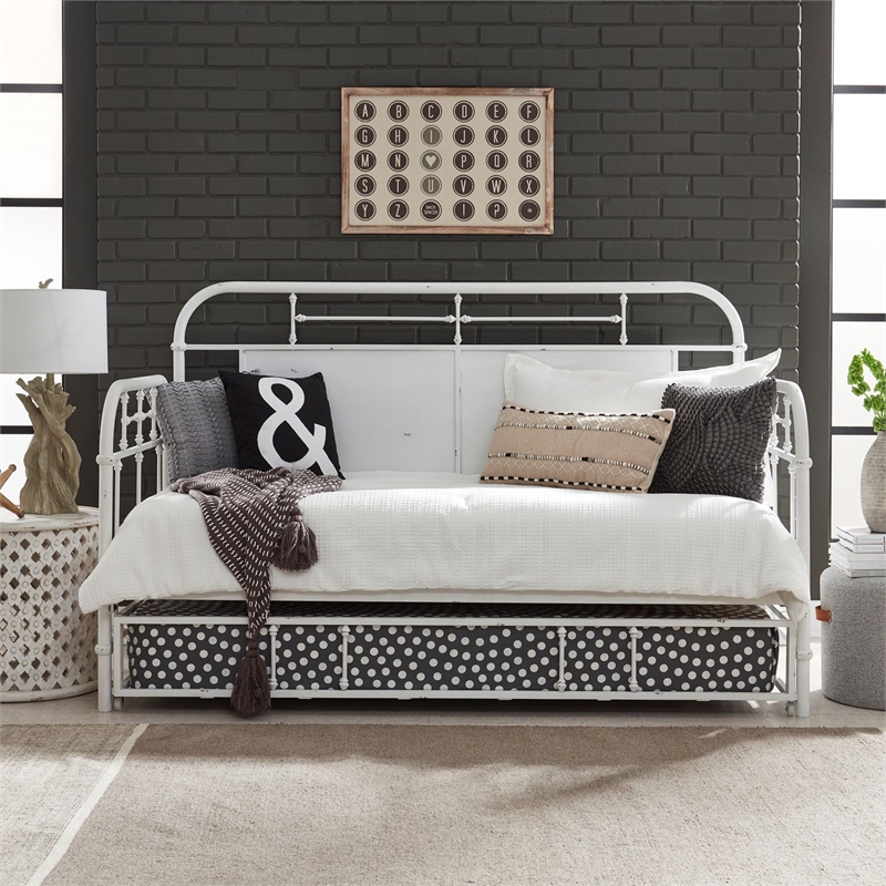 Pemberly Row Twin Trundle Bed in Antique White Metal with Casters
