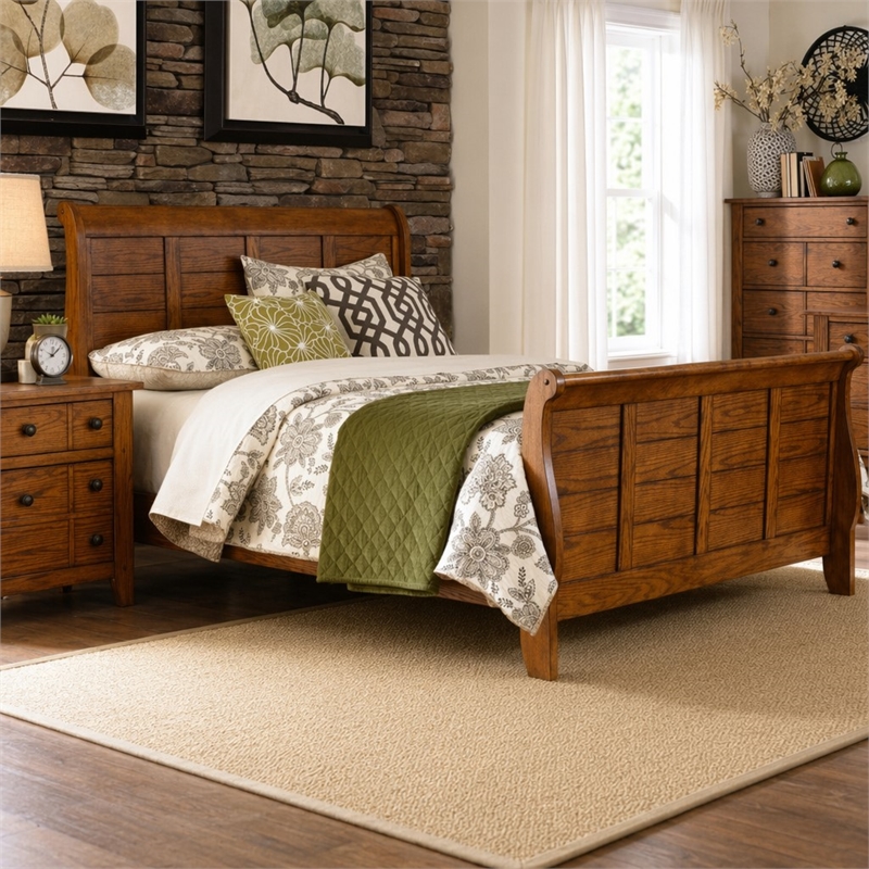 Pemberly Row California King Sleigh Bed with Bolt-On Rails in Aged Oak Brown