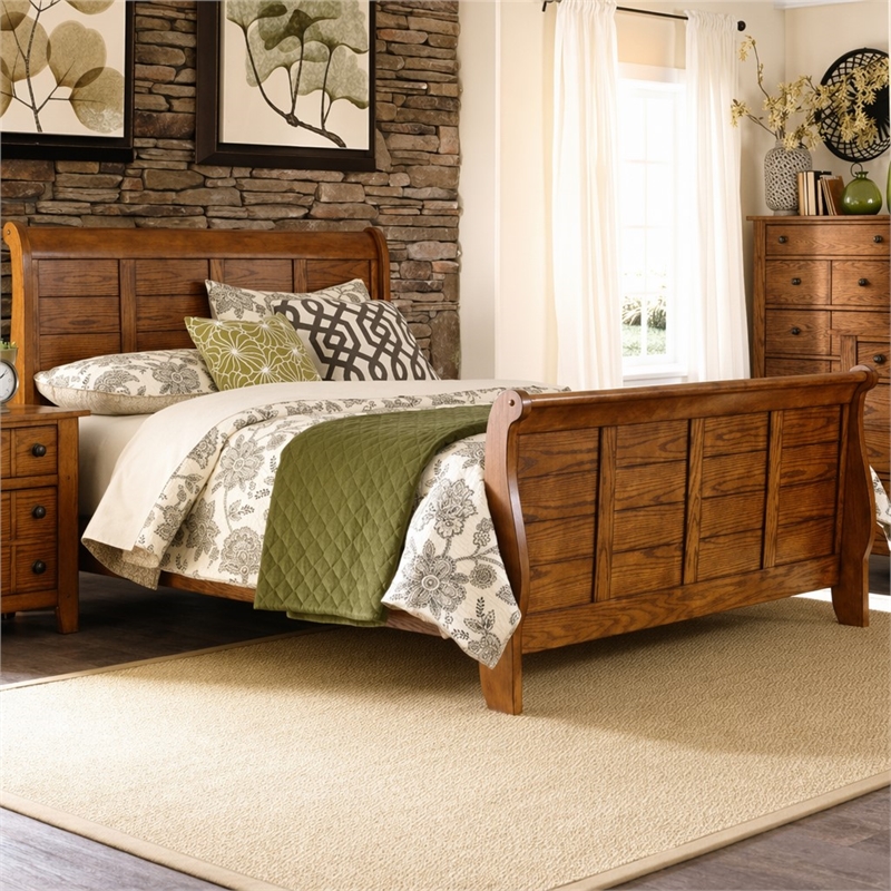 Pemberly Row California King Sleigh Bed with Bolt-On Rails in Aged Oak Brown