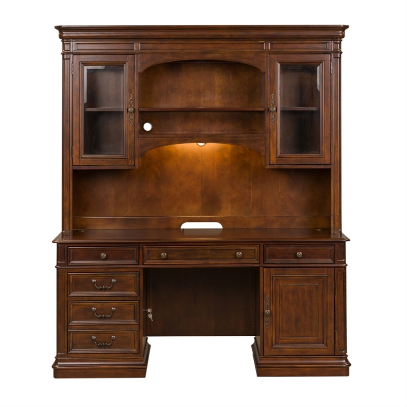 Pemberly Row Jr Executive Credenza and Hutch Set with Lighting in Cognac