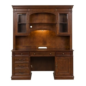 Pemberly Row Jr Executive Credenza and Hutch Set with Lighting in Cognac