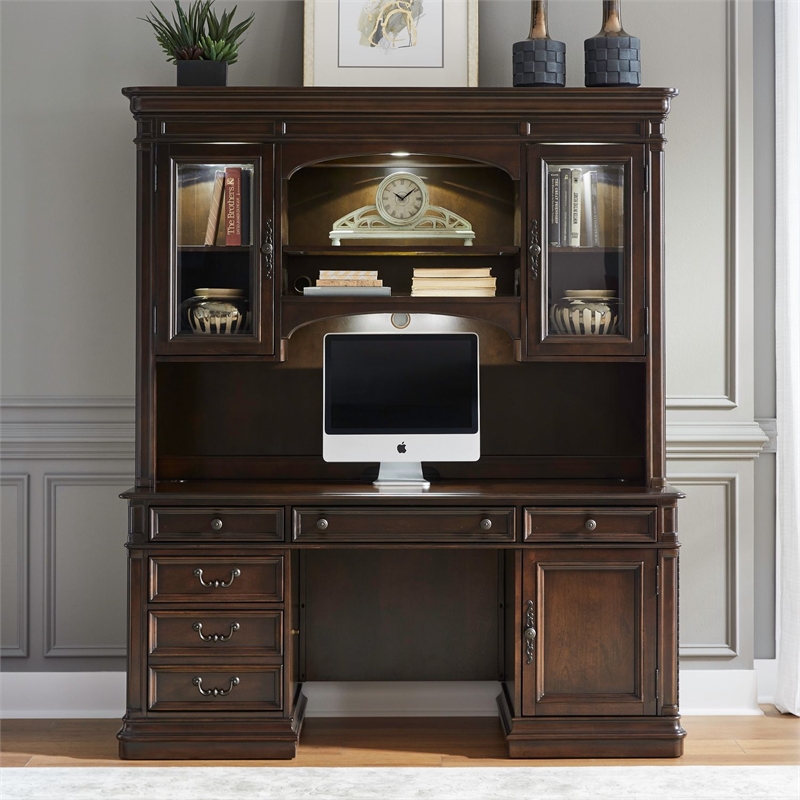 Pemberly Row Jr Executive Credenza and Hutch Set with Lighting in Cognac