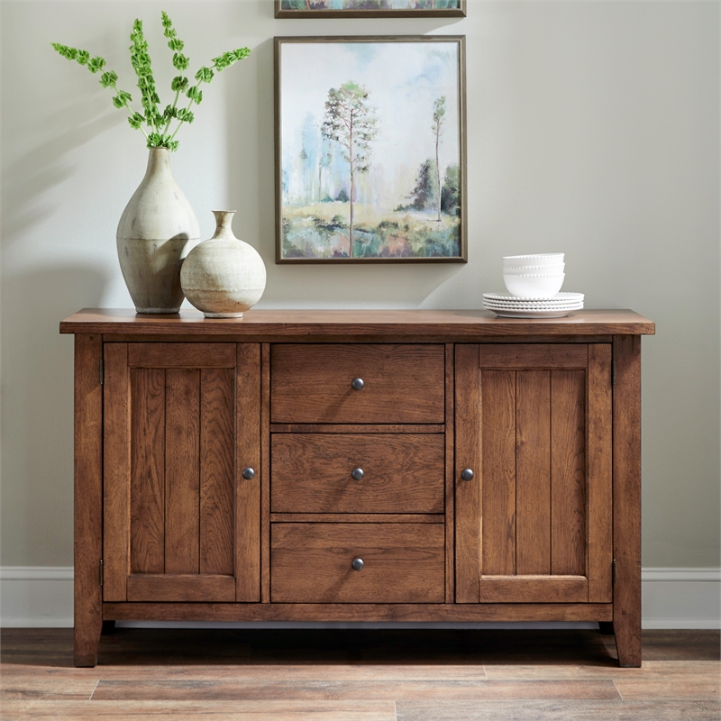 Pemberly Row 3 Drawer Buffet with Felt Lined Storage in Dark Brown
