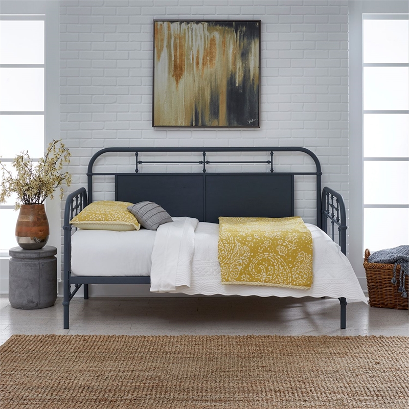 Pemberly Row Twin Metal Day Bed with Turned Spindles and End Panels in Navy