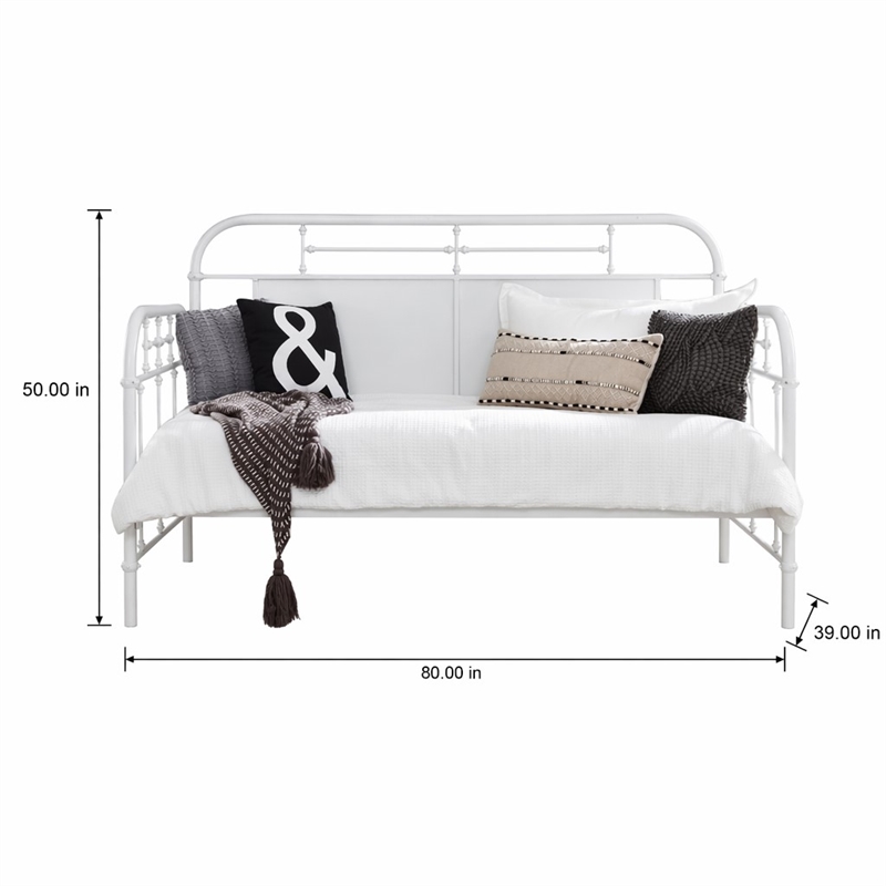 Pemberly Row Twin Metal Day Bed with Turned Spindles in Antique White