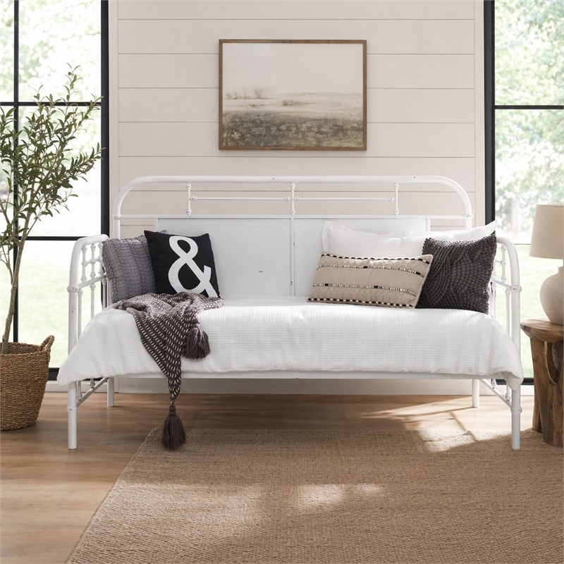 Pemberly Row Twin Metal Day Bed with Turned Spindles in Antique White