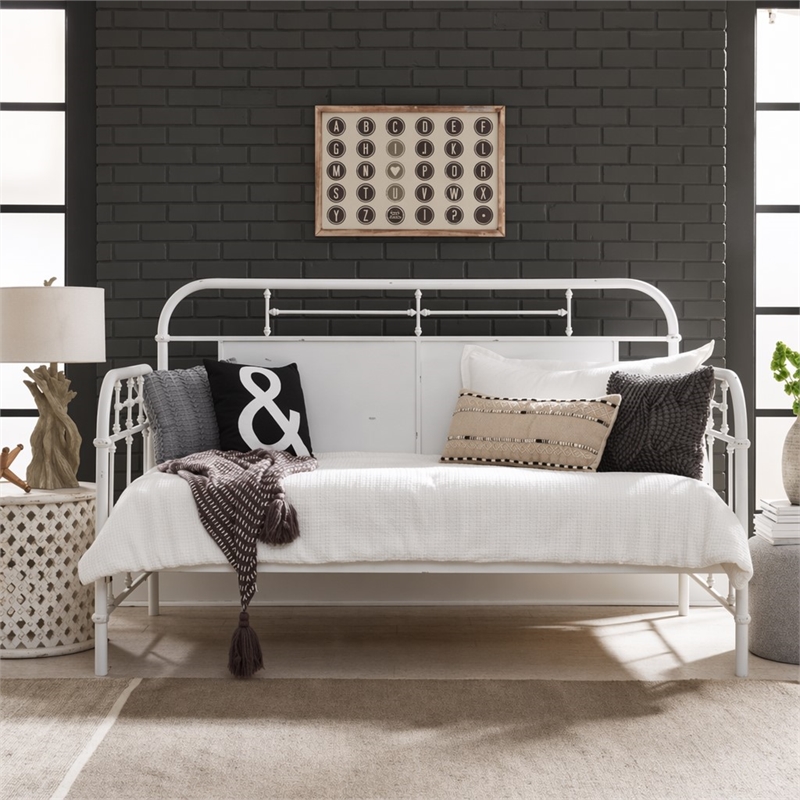 Pemberly Row Twin Metal Day Bed with Turned Spindles in Antique White