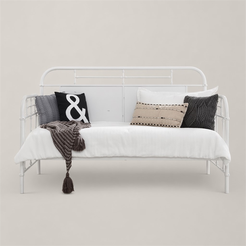 Pemberly Row Twin Metal Day Bed with Turned Spindles in Antique White