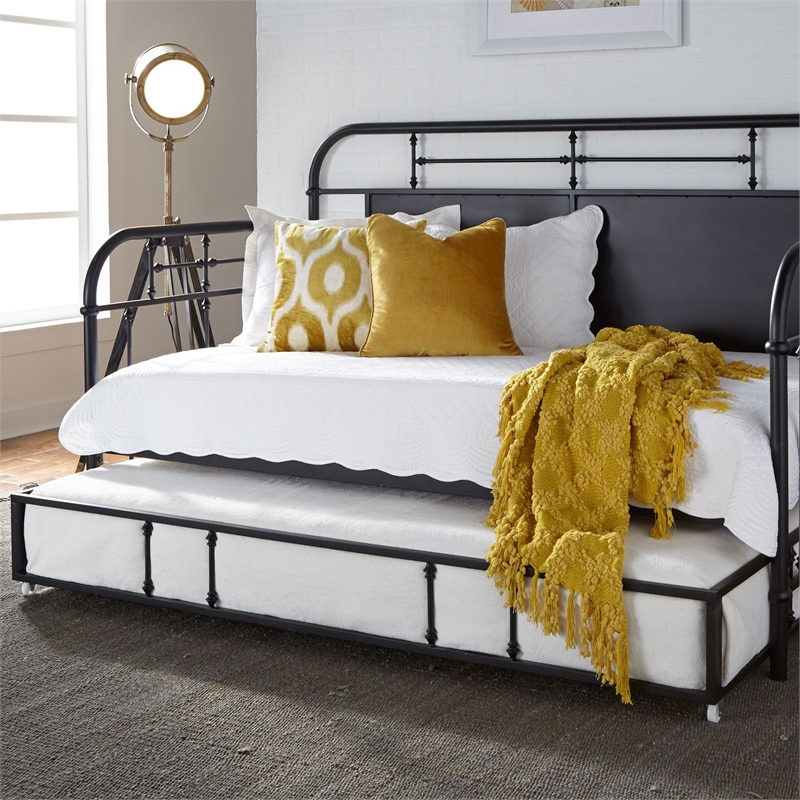 Pemberly Row Youth Twin Trundle Bed in Black Metal with Distressed Finish