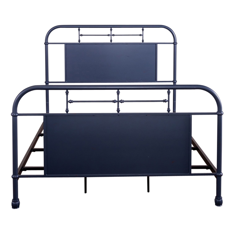 Pemberly Row Queen Metal Bed with Navy Distressed Finish and Turned Spindles