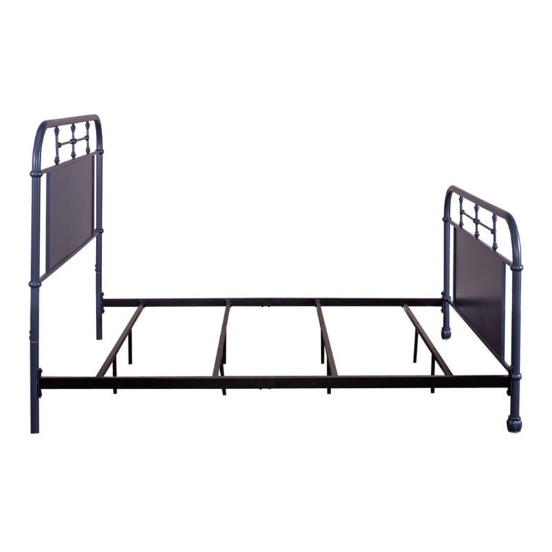Pemberly Row Queen Metal Bed with Navy Distressed Finish and Turned Spindles