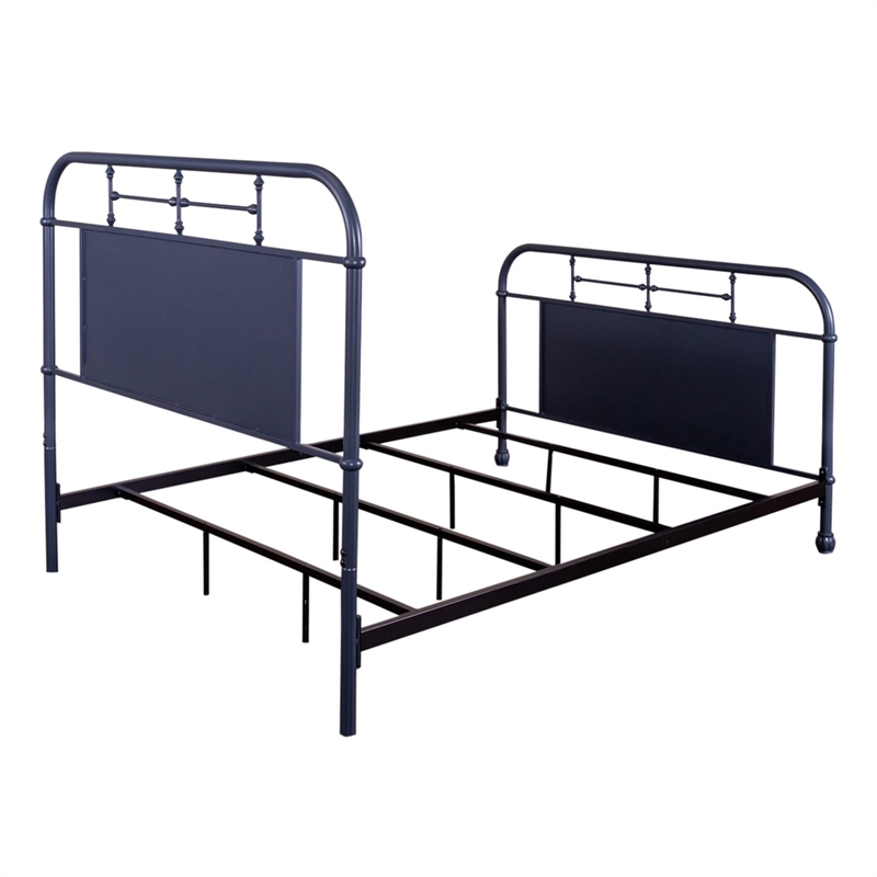 Pemberly Row Queen Metal Bed with Navy Distressed Finish and Turned Spindles