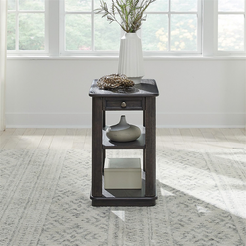 Pemberly Row Chairside Table with Pull-Out Shelf and Storage in Aged Oak Brown