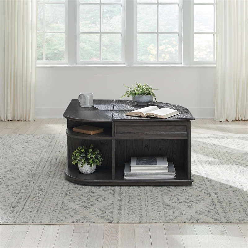 Pemberly Row Wedge Shaped Lift Top Cocktail Table in Aged Oak