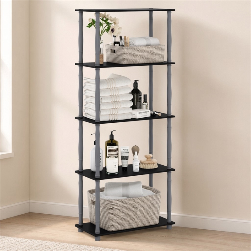Pemberly Row Engineered Wood 5-Tier Shelf Display Rack in Black and Gray