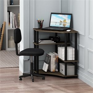 Pemberly Row Corner Desk with 2 Shelves Space Saving in Walnut/Black