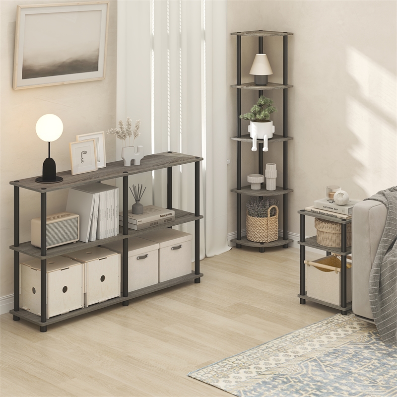 Pemberly Row 5-Tier Corner Bookshelf Tool-Free Assembly in Grey Oak