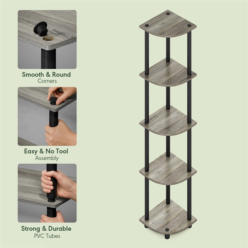 Pemberly Row 5-Tier Corner Bookshelf Tool-Free Assembly in Grey Oak