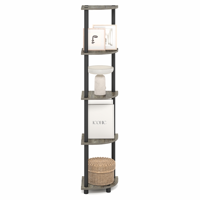 Pemberly Row 5-Tier Corner Bookshelf Tool-Free Assembly in Grey Oak