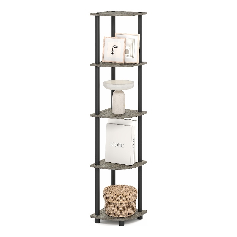 Pemberly Row 5-Tier Corner Bookshelf Tool-Free Assembly in Grey Oak