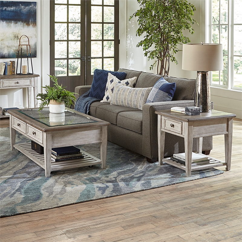 Pemberly Row 3 Piece Antique White Coffee Table & End Table Set Rubberwood