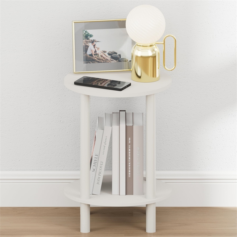 Pemberly Row 2-Tier Round Tall Narrow Open Shelf Nightstand in White