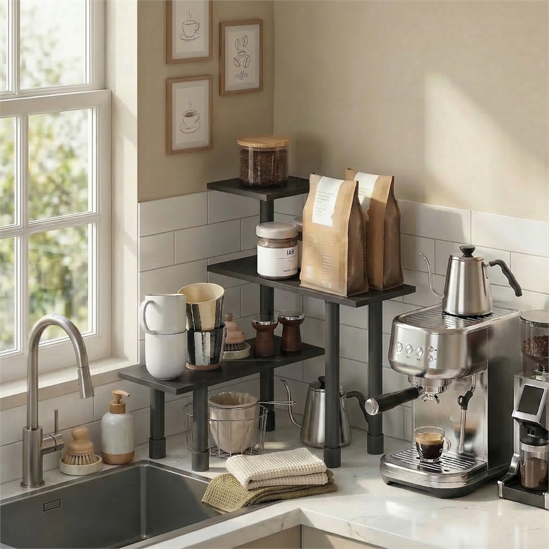 Pemberly Row 3-Tier Adjustable Countertop Corner Organizer in Espresso