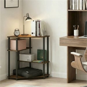 Pemberly Row Corner Gaming Desk with Storage Shelves in Amber Pine