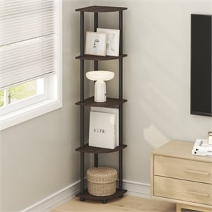 Pemberly Row 5-Tier Corner Bookshelf Tool-Free Assembly in Brown Grain