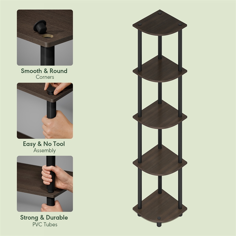 Pemberly Row 5-Tier Corner Bookshelf Tool-Free Assembly in Brown Grain