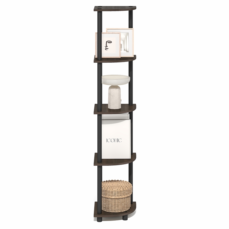 Pemberly Row 5-Tier Corner Bookshelf Tool-Free Assembly in Brown Grain