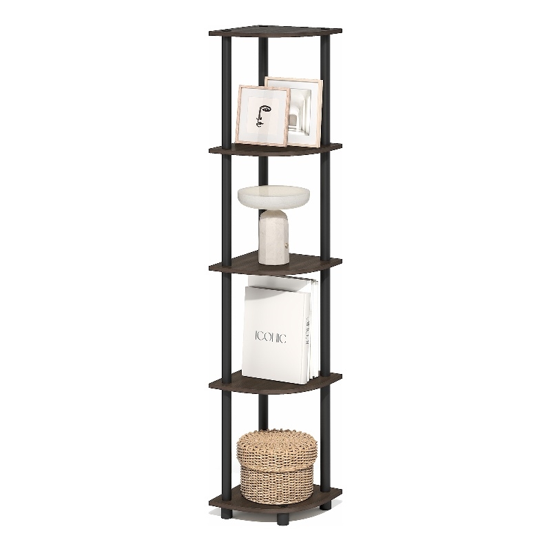 Pemberly Row 5-Tier Corner Bookshelf Tool-Free Assembly in Brown Grain