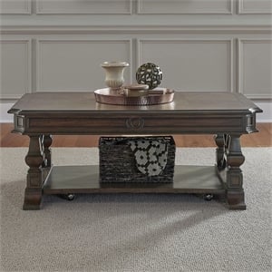 Pemberly Row Cocktail Table with Casters and Scrolled Accent in Chateau Brown