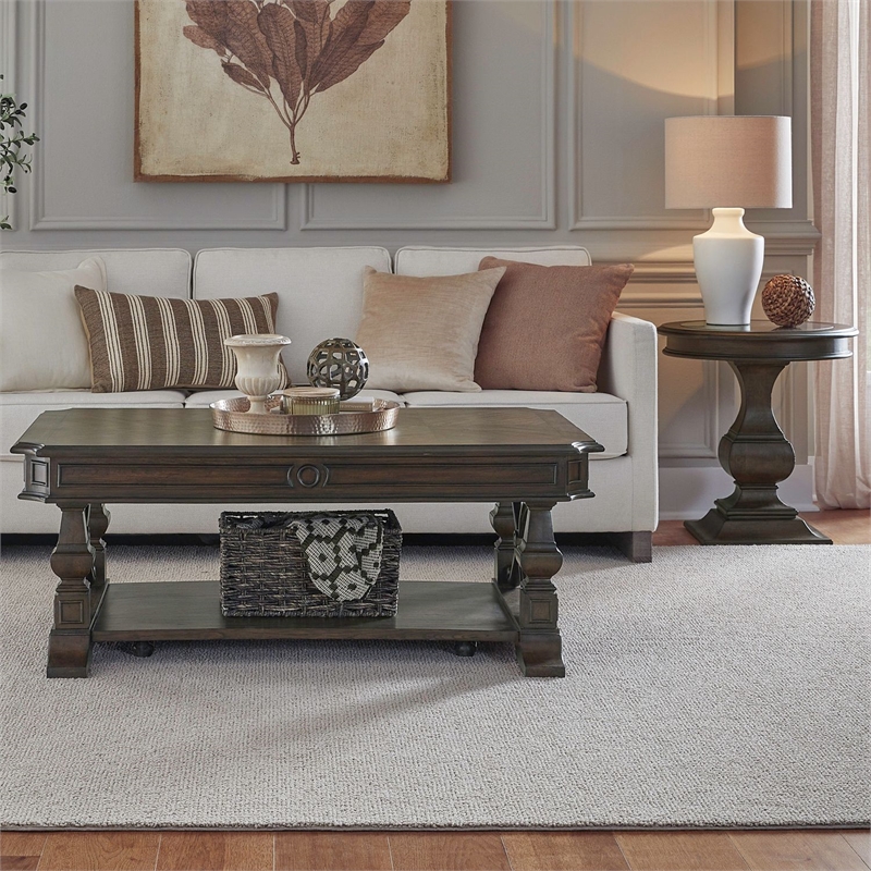 Pemberly Row 3 Piece Cocktail and Round End Table Set in Chateau Brown Hickory