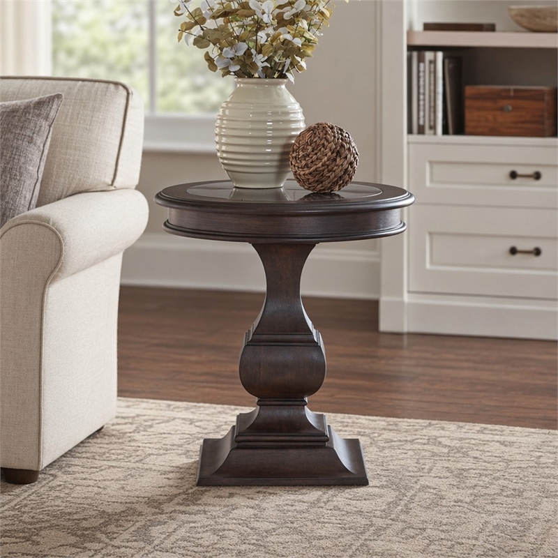 Pemberly Row Round End Table with Blue Stone Insert in Chateau Brown Hickory