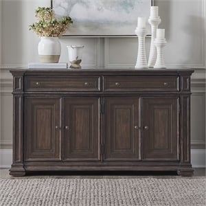Pemberly Row Dining Buffet Cabinet with Blue Stone Top Inserts in Brown Hickory